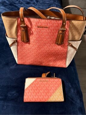 Michael Kors Coral, Cream & Tan Colorblock Tote with Matching Wallet